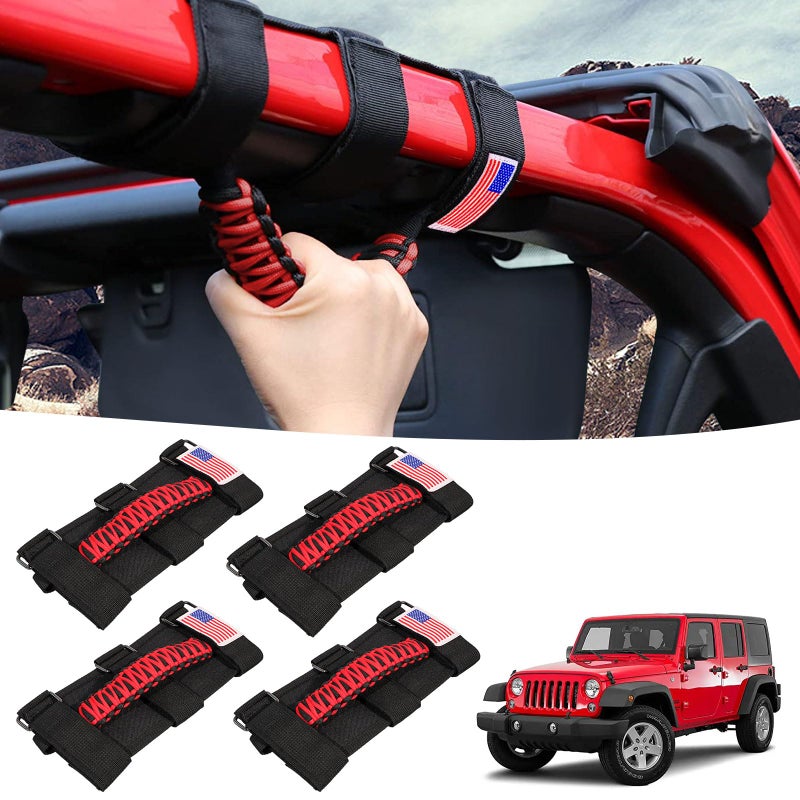 GAIZON 4 Pack Grab Handles Paracord Roll Bar for Jeep Wrangler Accessories CJ YJ TJ JL JK LJ JLU JKU Sahara Freedom Rubicon Gladiator JT 1955-2023 Interior Accessories with America Flag(Red) - Image 1